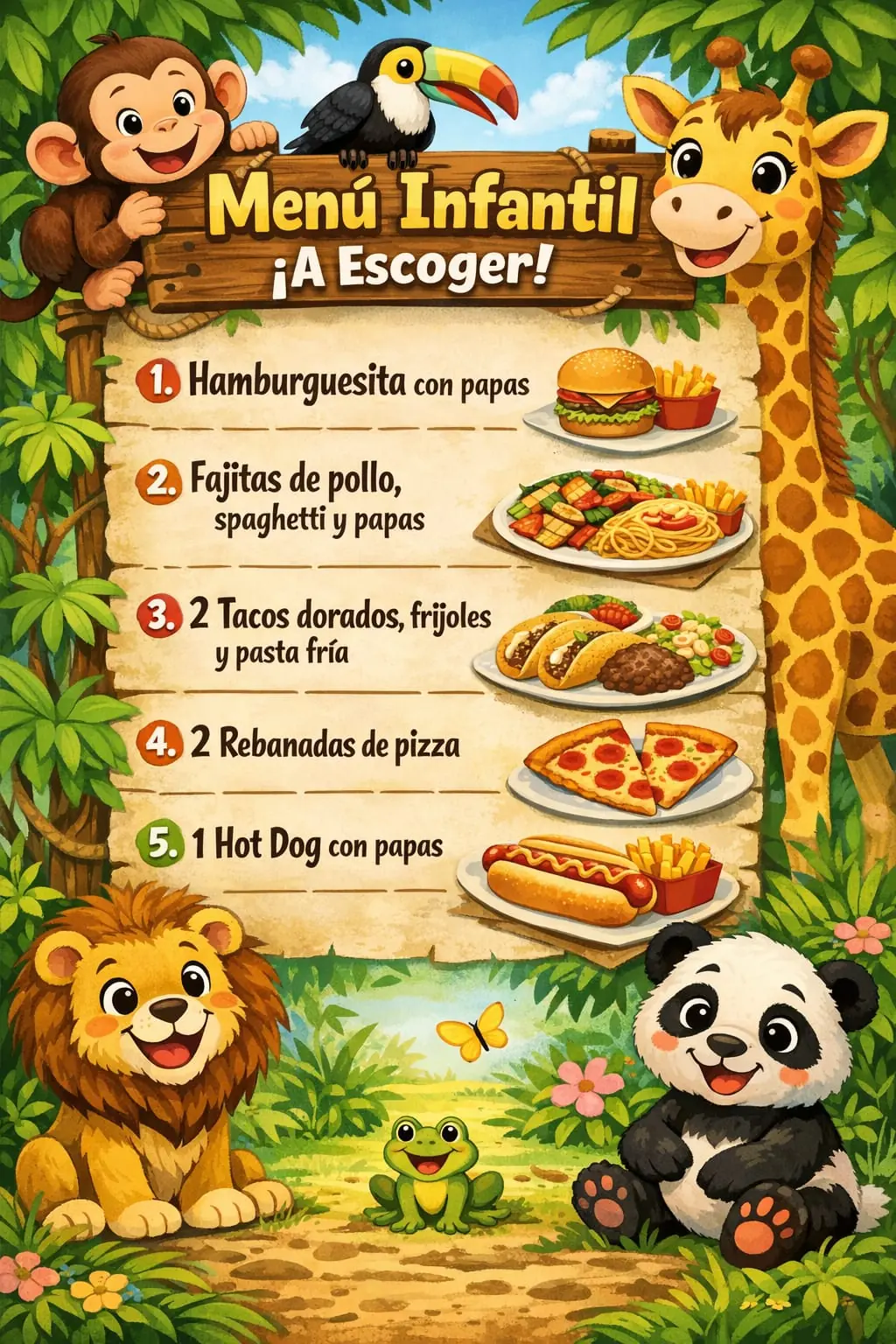 Menú infantil a escoger en Jungle Kids Platinum: hamburguesita, fajitas de pollo, tacos dorados, pizza y hot dog